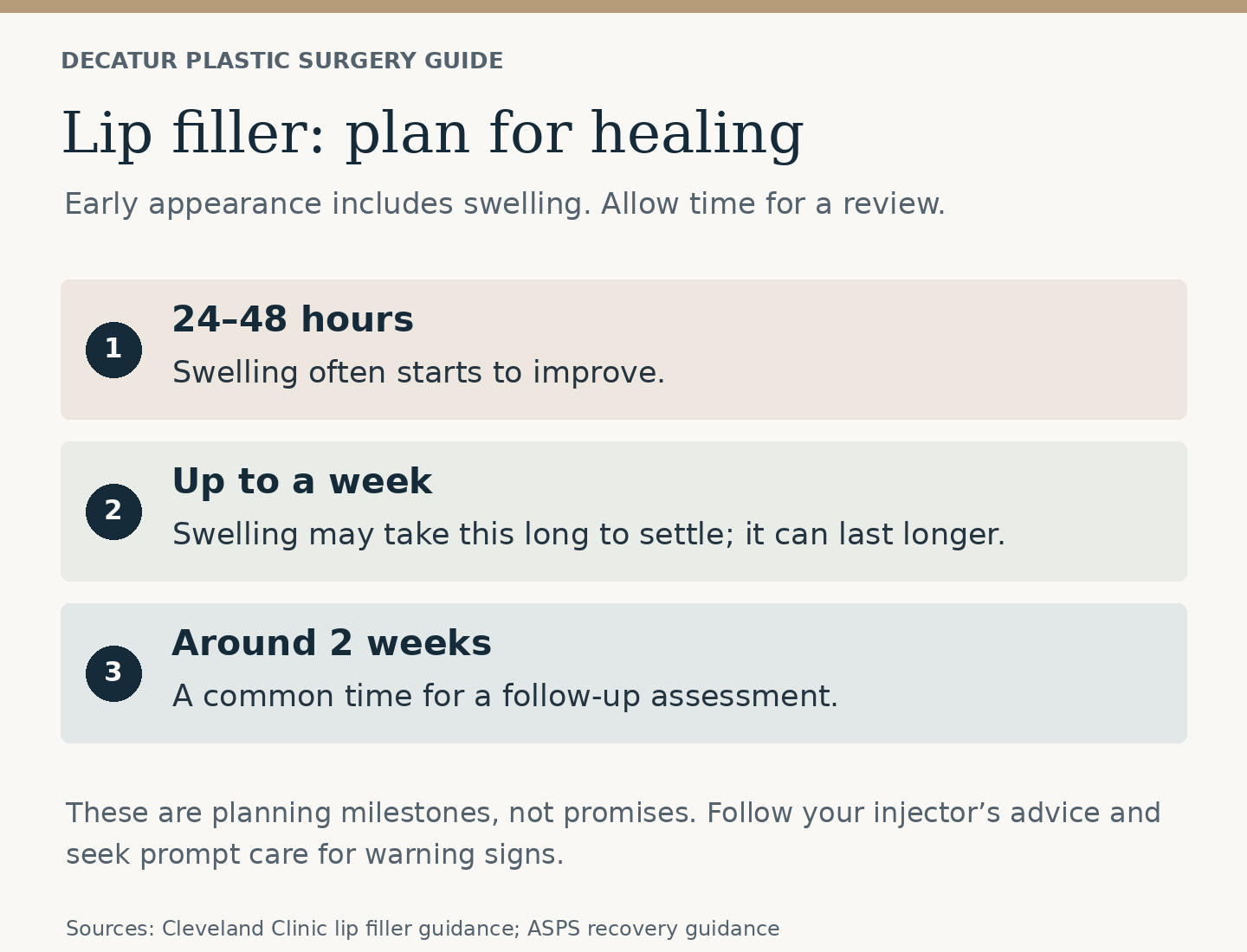 Lip filler planning timeline: swelling can affect the early appearance; follow aftercare and attend a review around two weeks.